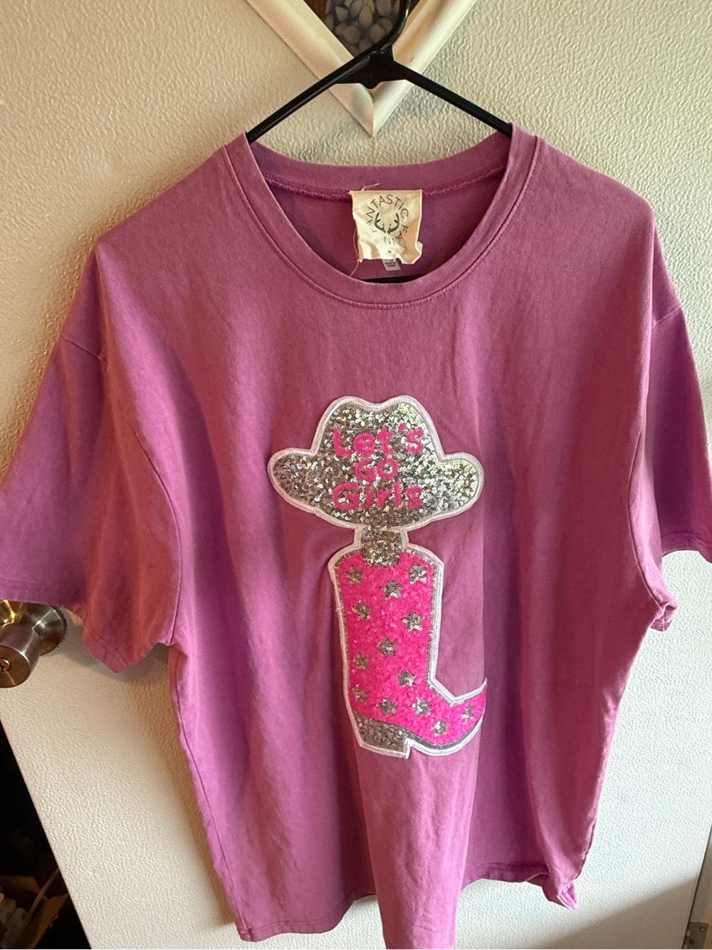 Fantastic Fawn Pink Graphic Tunic with Sequin Cowboy Boot “Let’s Go Girls”